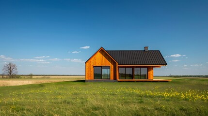 Fototapeta premium Modern Wooden Cabin in a Serene Countryside Landscape