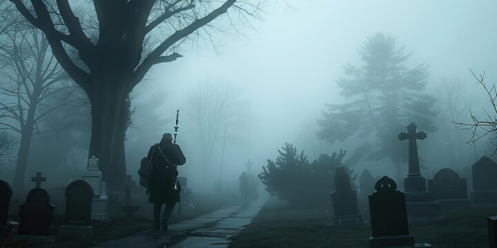 Final Farewell: A funeral procession, led by a lone bagpiper, slowly makes its way through a foggy cemetery.