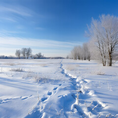 Fototapeta premium Ethereal Snow-covered Rural Landscape during Early Winter – A Fresh Blanket of Snow Emanating a Tranquil Solitude