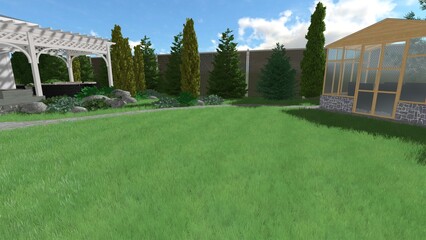 Fototapeta premium 3d image of the landscape design of the home territory. Landscaping of the territory. Computer visualization of composite landscaping and landscaping solutions.
