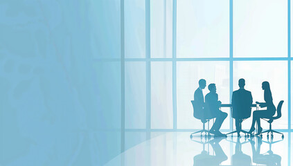  a silhouette of four professionals having a business meeting in a modern office with a large window, through which a city view can be seen.