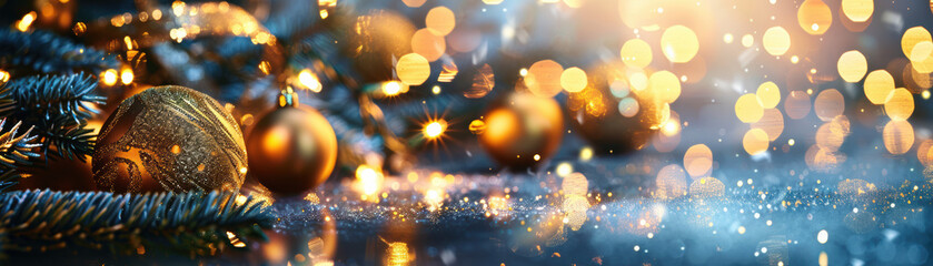 Golden Christmas ornaments and festive lights create a magical holiday atmosphere with sparkling bokeh effect, perfect for seasonal celebration visuals.
