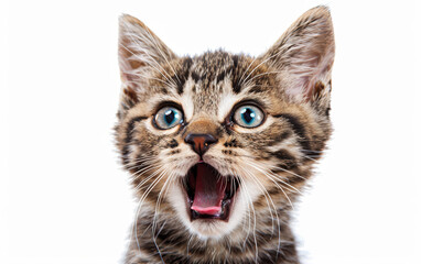 Naklejka premium Close-up of an adorable tabby kitten with blue eyes, mouth open in a cute expression. White background. Perfect for cat lovers and pet-related content.
