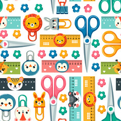 Pattern school supplies, rulers, paper clips, scissors, vector illustration