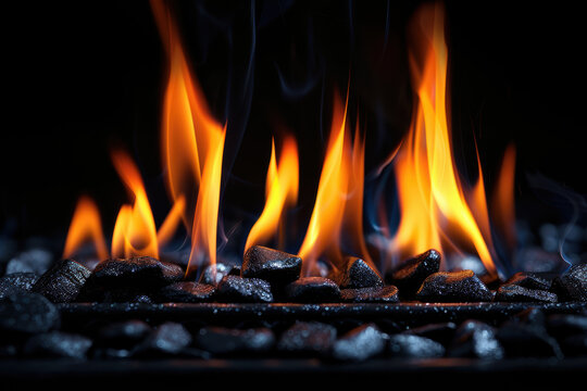 Close-up of flickering flames over charcoal rocks giving off intense heat, perfect for backgrounds or concepts of warmth, energy, and cooking.