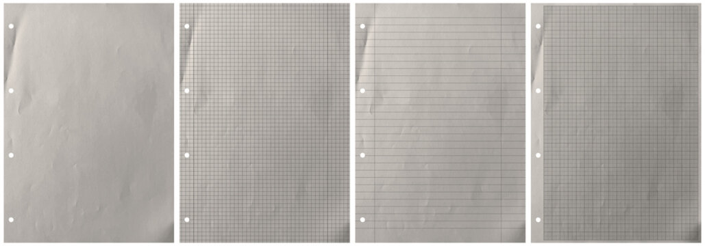 vier vergilbte und zerknitterte Seiten Papier, blank, liniert, kariert und Millimeterpapier