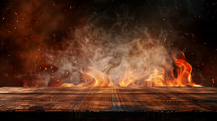 Blank wooden table with fire burning at the edge of the table,  background for products 