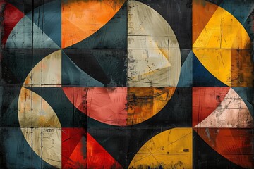 Naklejka premium Abstract Geometric Painting With Orange, Yellow, Red, and Blue Circles