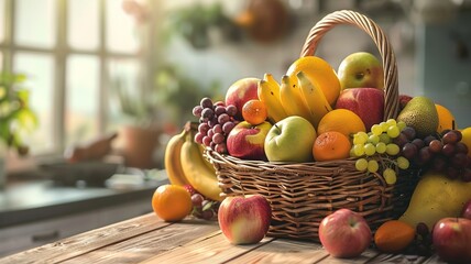 Beautiful assortment of fruits on a table, showcasing vibrant colors and freshness. Perfect for themes of healthy eating, nature, and abundance