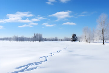 Obraz premium Ethereal Snow-covered Rural Landscape during Early Winter – A Fresh Blanket of Snow Emanating a Tranquil Solitude