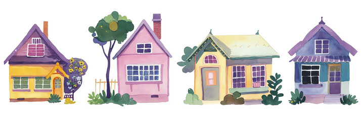 Watercolor little village on white background. Summer meadow. Illustration for card, border, banner or your other design. Cute watercolor buildings and trees. Trendy scandinavian background.