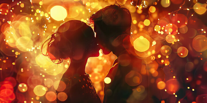 A Farewell Kiss: A lovestruck couple in a passionate embrace, basking in the glow of twinkle lights.