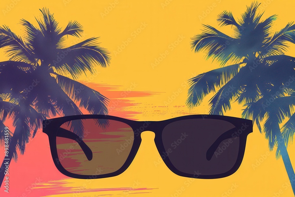 Aufkleber a pair of black sunglasses are centered against a background of palm trees and a sunset. generative 