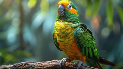 Yellow-Headed Amazon Parrot Perched on Branch in Green Forest - Photo