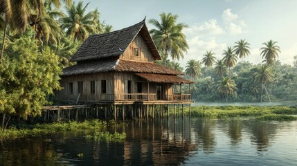 Obraz premium Traditional wooden house stilts middle body water is Pond landsc