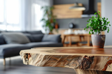 Modern living room featuring a natural wood coffee table, gray sofa, indoor plant, and abundant natural light for a cozy and inviting atmosphere.