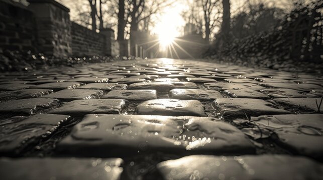 Low-angle perspective of a historic cobblestone street leading to a bright sunrise, highlighting the wet reflective surface and surrounding trees