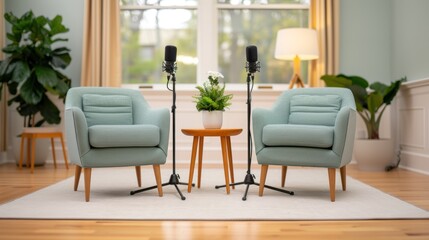 Fototapeta premium Modern minimal podcast interview room background for streamers concept.