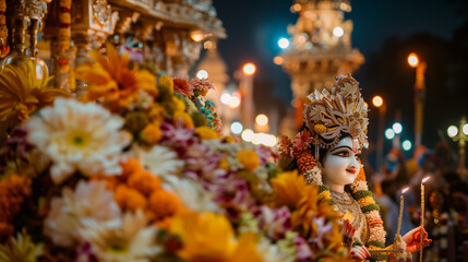 Fototapeta premium Lord Krishna at the festival of Krishna Janmashtami, decorated with flowers and jewels, surrounded by devotees singing and dancing with great devotion, Ai generated Images