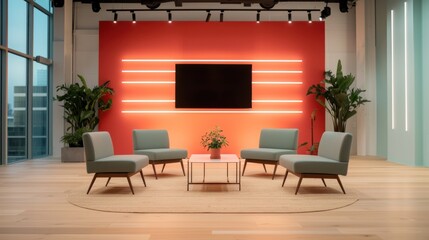 Modern minimal podcast interview room background for streamers concept.