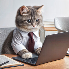 Fototapeta premium The cat is sitting at the table with a laptop, wearing glasses and with a concentrated expression on her face.