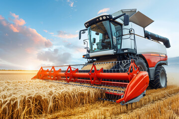 Fototapeta premium Modern industrial harvester harvesting wheat in an agricultural field at sunset. Grain combine harvester in summer. Harvest time, agriculture