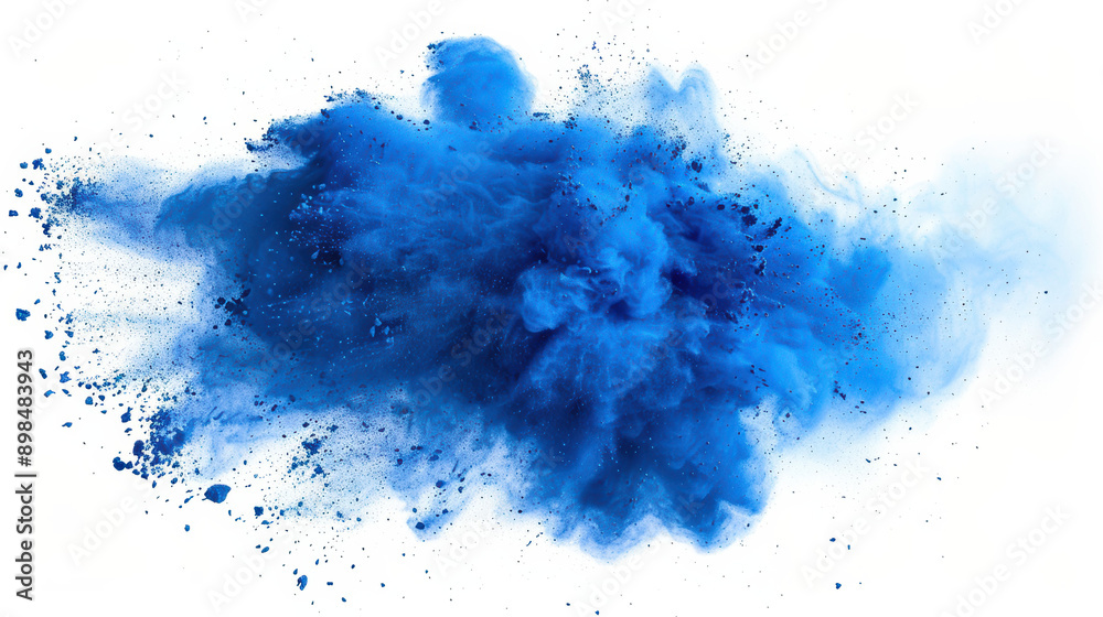 Wall mural Dynamic explosion of vibrant blue powder on white background, showcasing energy and motion in abstract form for creative design and artistic projects.