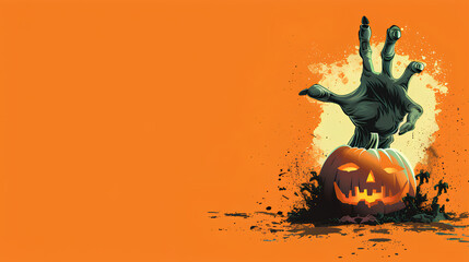 Halloween poster of a zombie hand with a pumpkin beside it with copy space, banner with space for text