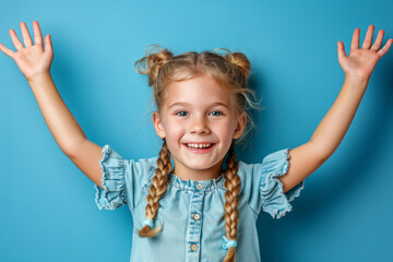Portrait of a nice young girl with her arms thrown back, causing her hair to fly, wearing a top and isolated on a blue background. The scene captures a vibrant and joyful moment. AI generated.