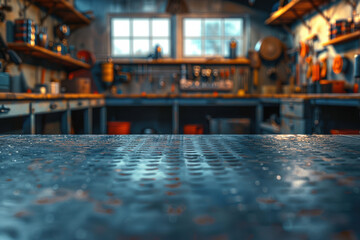 Industrial workshop with metal workbench, tools, and equipment. Organized workspace for craftsman, fostering creativity and productivity.