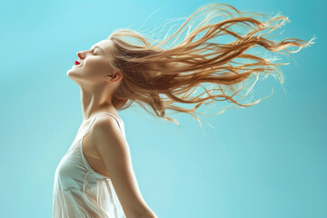 Naklejka premium Portrait of a nice young girl with her arms thrown back, causing her hair to fly, wearing a top and isolated on a blue background. The scene captures a vibrant and joyful moment. AI generated.