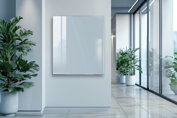 Modern office hallway with glass walls and potted plants, featuring a blank whiteboard for creativity and collaboration in a professional setting.