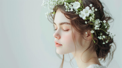 Fototapeta premium Young woman with closed eyes wearing a flower crown, showcasing delicate white blossoms, captured in serene natural light against a soft background.