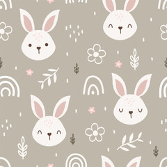 Seamless pattern with cute rabbit and forest. Cartoon animal background. For fabric, wallpaper, textile, wrapping, kida apparel design. Animal vector illustration