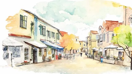 A watercolor painting depicts a European street lined with shops and people walking by. The buildings have awnings and windows, and there are trees and clouds in the background.