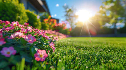 Fototapeta premium A vibrant garden in spring with sunlight streaming over blooming pink flowers and lush green grass. Perfect for themes of nature, growth, and serenity.