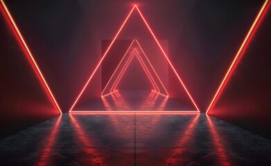 Fototapeta premium Abstract neon triangle design on black background with floor, minimalist geometric wallpaper for virtual space concept. 3D Rendering Mock up