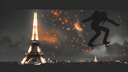 Skater Silhouette: Silhouette of a skater mid-jump with the Eiffel Tower glowing in the background on a dark grey background.


