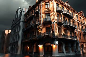 Fototapeta premium A Corner Building with Balconies and a Sign at Night
