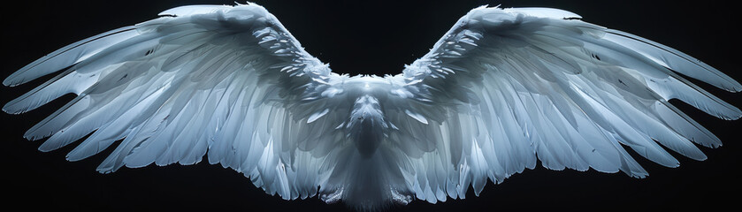 Majestic depiction of ethereal white wings spread wide open against a dark background, symbolizing purity and grace, ideal for artistic and spiritual themes.