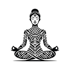 Meditation, yoga female player in ethnic polynesia pattern illustration, emblem shield badge