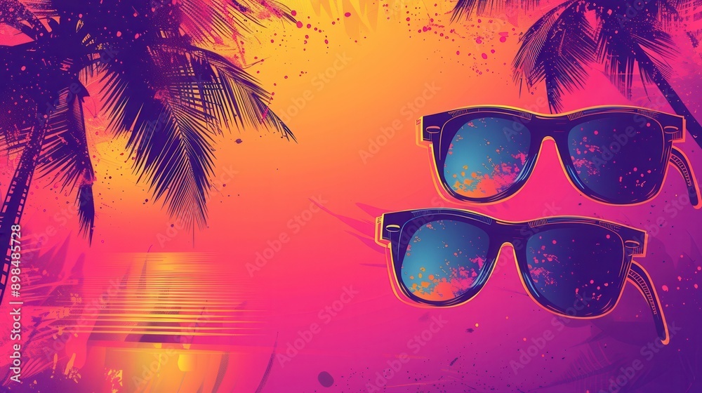 Poster two pairs of sunglasses rest atop a beach sunset with palm trees in the background. generative ai