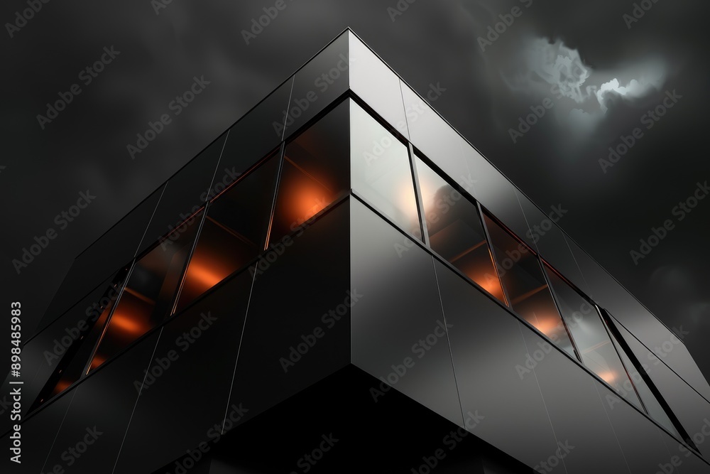 Canvas Prints Black Modern Building Facade with Windows and Cloudy Sky