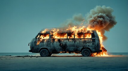 Van fire is black appears to be old burning van with flames
