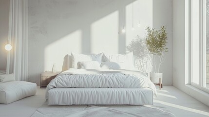 modern bedroom with a luxurious white bed generative ai