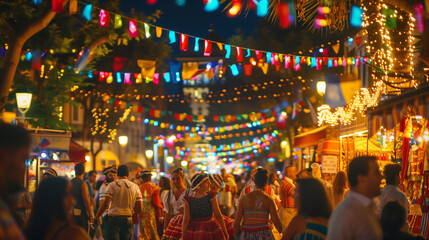 Naklejka premium Málaga Feria Festival, the streets are filled with people wearing traditional clothes and dancing happily, Ai generated Images