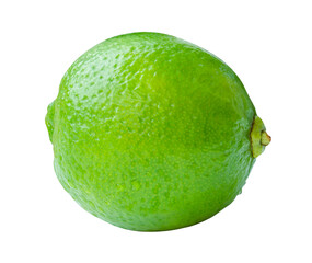 Side view of single fresh green lemon fruit with drops isolated with clipping path in png file format