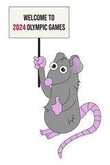 Funny Olympic 2024 art. Summer sport games invitation card with mouse. Rat in the Paris. Flat vector illustration isolated white.