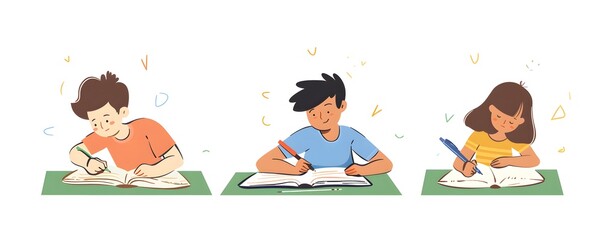 Three children drawing and writing in their notebooks with concentration. Colorful and creative illustration of kids engaged in art activities.