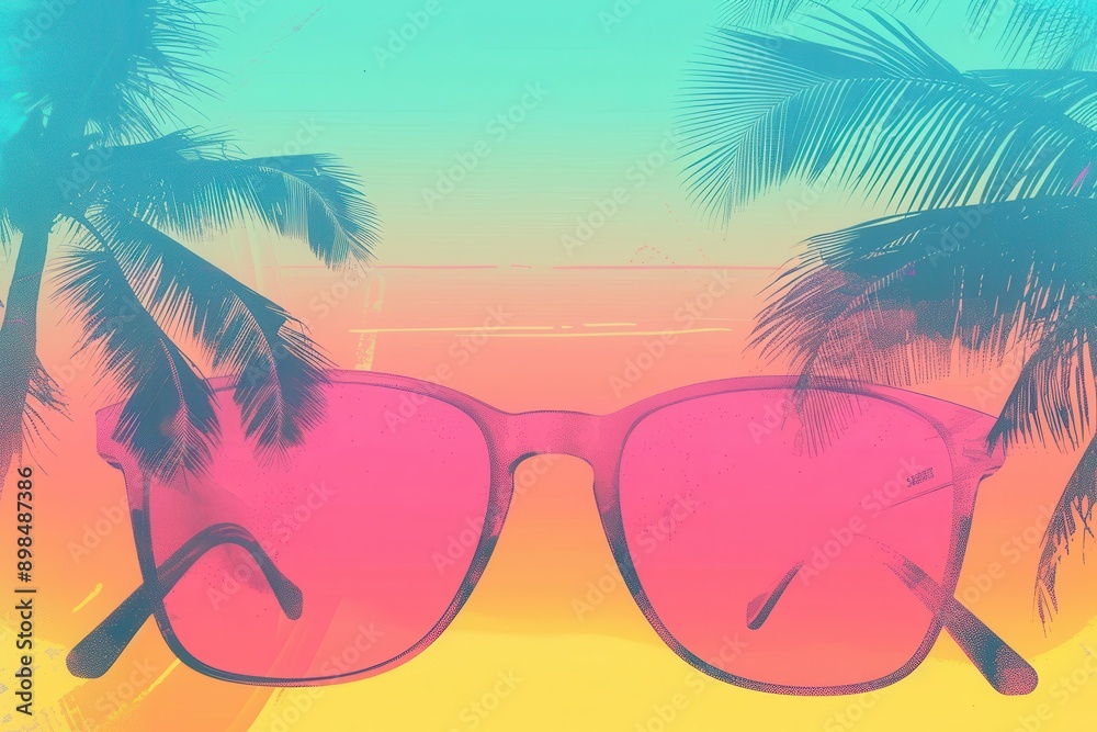 Aufkleber pink sunglasses rest on a beach with palm trees and a sunset in the background. generative ai